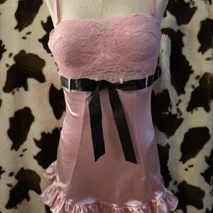 Chic Pink Lace Chemise with Satin Bow